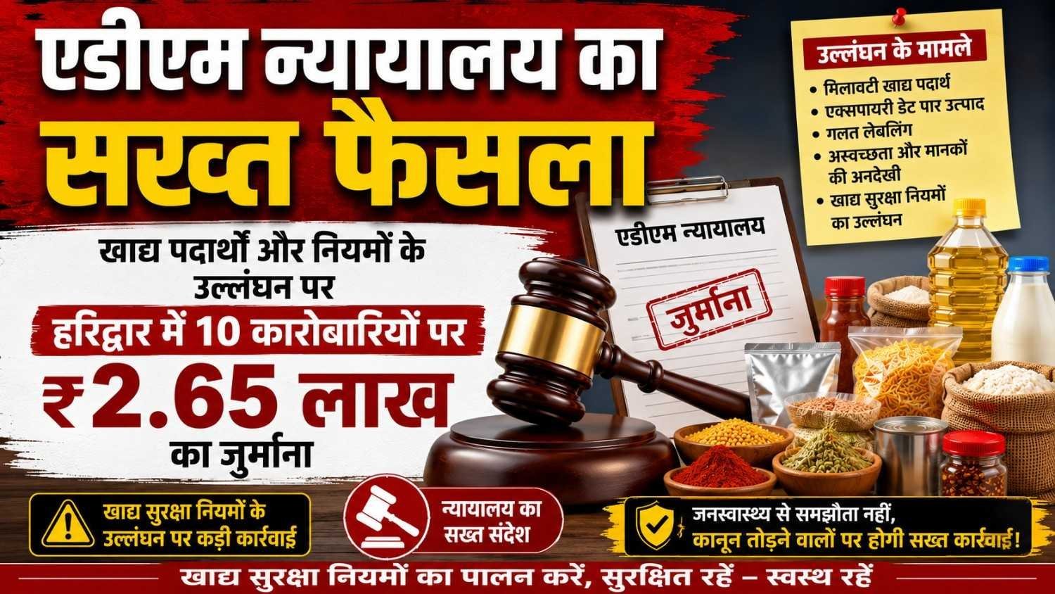 एडीएम न्यायालय का खाद्य पदार्थ और नियमों के उल्लंघन पर सख्त फैसला, हरिद्वार में 10 कारोबारियों पर ₹2.65 लाख का जुर्माना